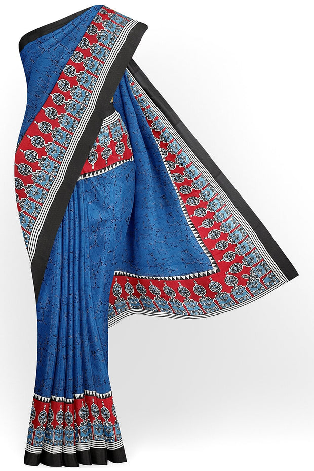 Jaipur cotton saree with Bagru block print in blue with branched pattern
