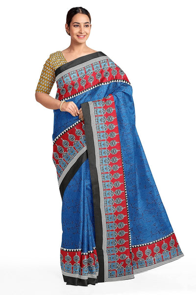 Jaipur cotton saree with Bagru block print in blue with branched pattern
