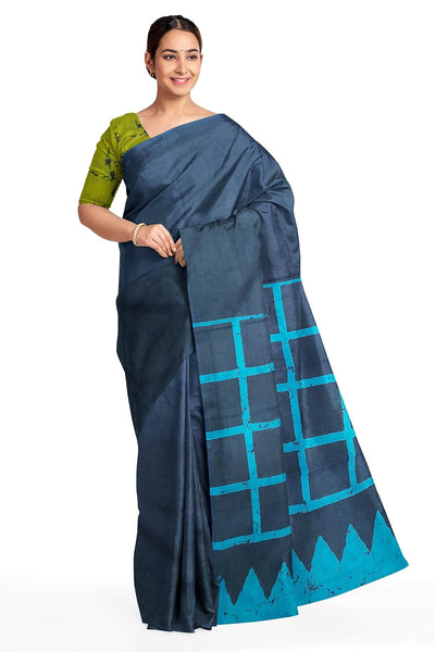 Jaipur cotton saree with Bagru block print in black with pattern on pallu