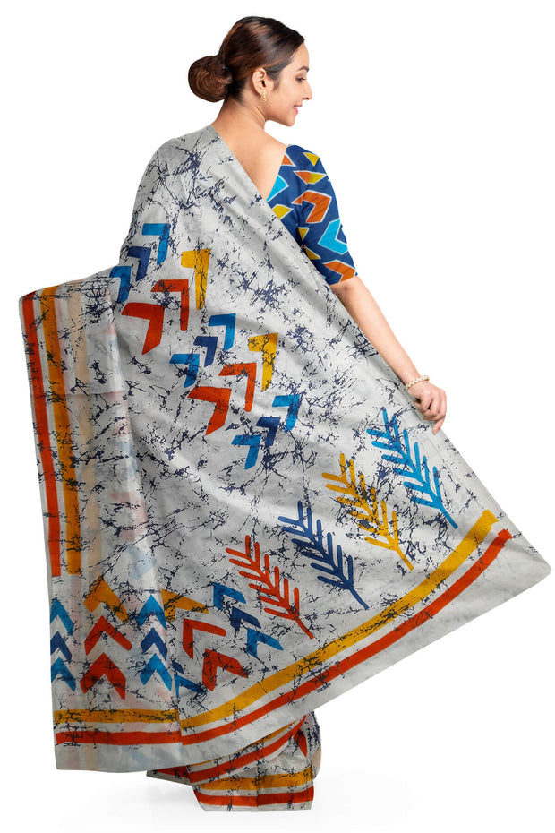 Jaipur cotton saree with Bagru block print in off white with multicolour modern art