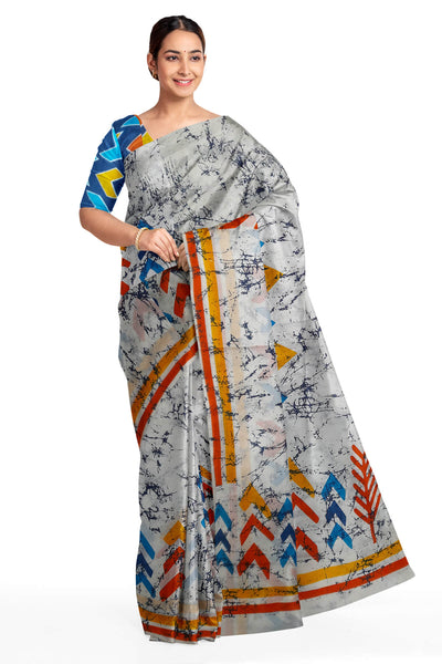 Jaipur cotton saree with Bagru block print in off white with multicolour modern art