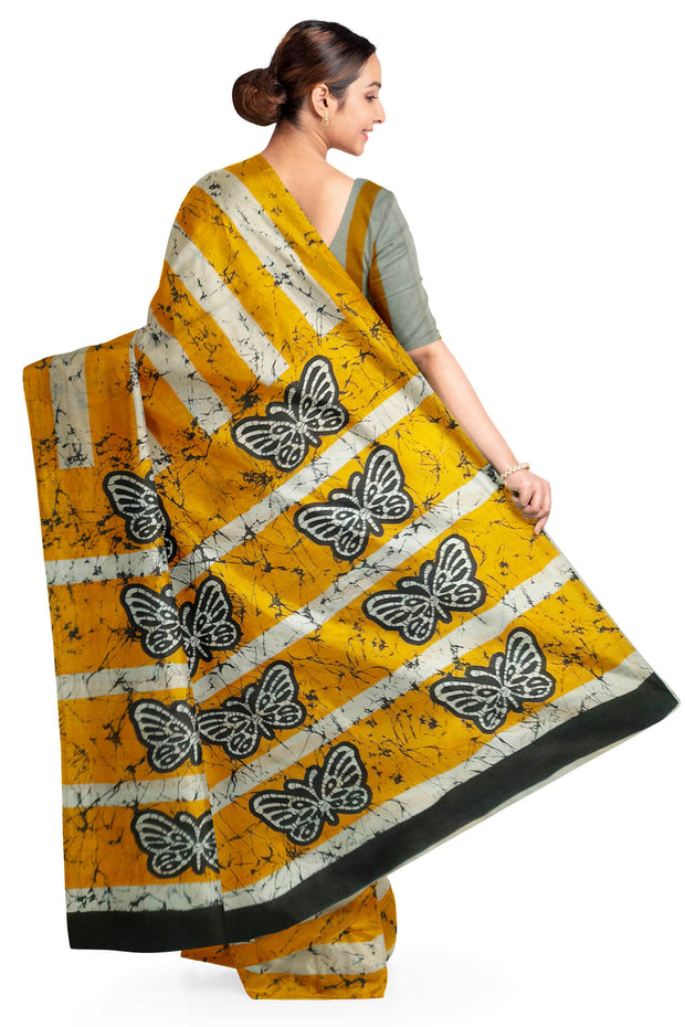 Jaipur cotton saree with Bagru block print in yellow with shibori print