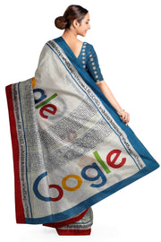 Jaipur cotton saree with Bagru block print in off white with Google letters