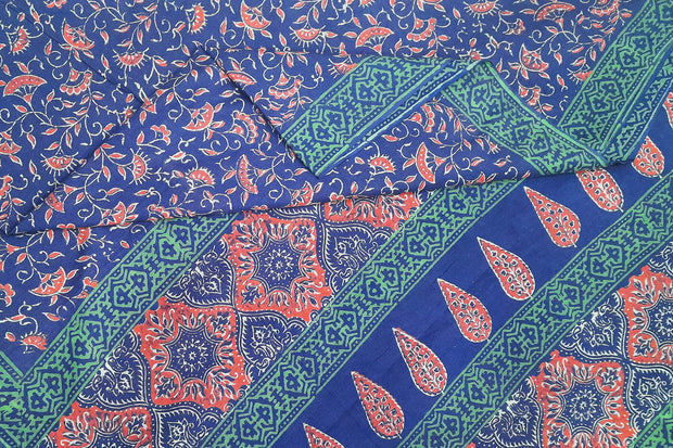 Jaipur cotton saree with Bagru hand block  print in blue & red