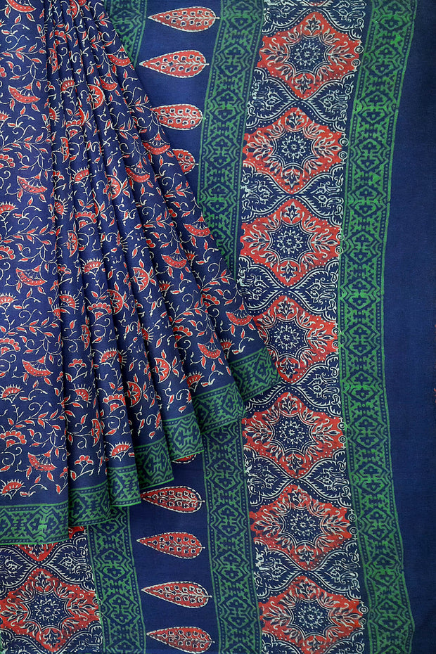 Jaipur cotton saree with Bagru hand block  print in blue & red