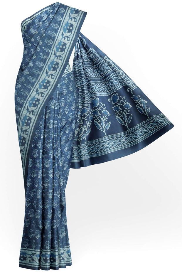 Jaipur cotton saree with Bagru hand block  print in Indigo