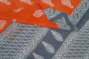 Jaipur cotton saree with Bagru hand block  print in orange & grey