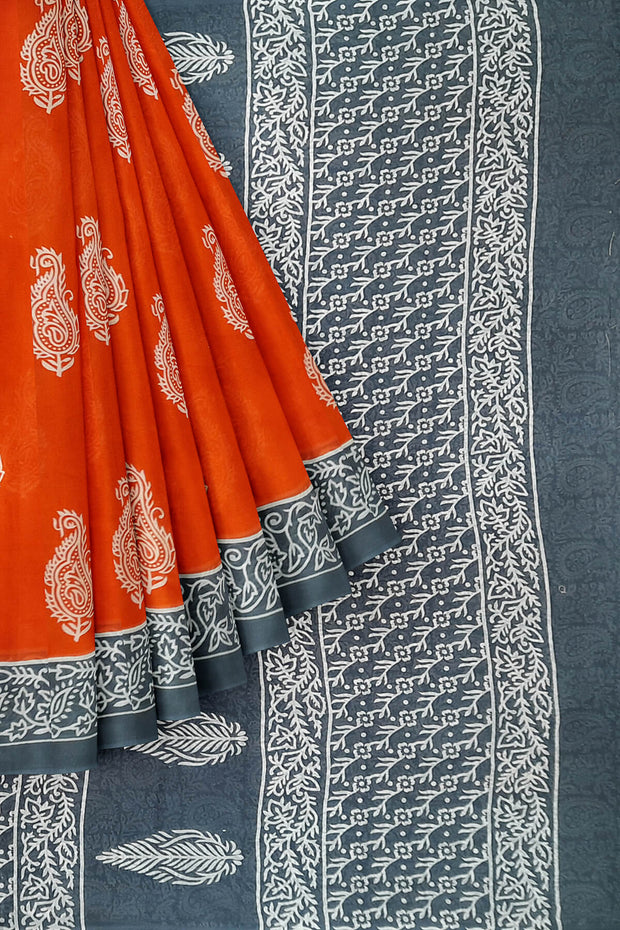 Jaipur cotton saree with Bagru hand block  print in orange & grey