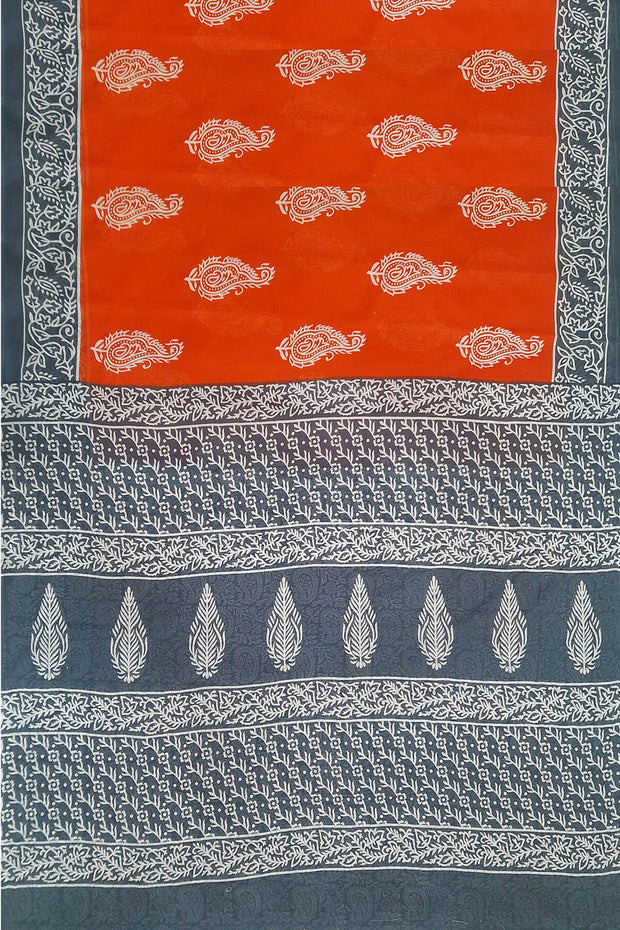 Jaipur cotton saree with Bagru hand block  print in orange & grey