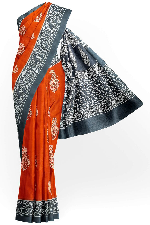 Jaipur cotton saree with Bagru hand block  print in orange & grey