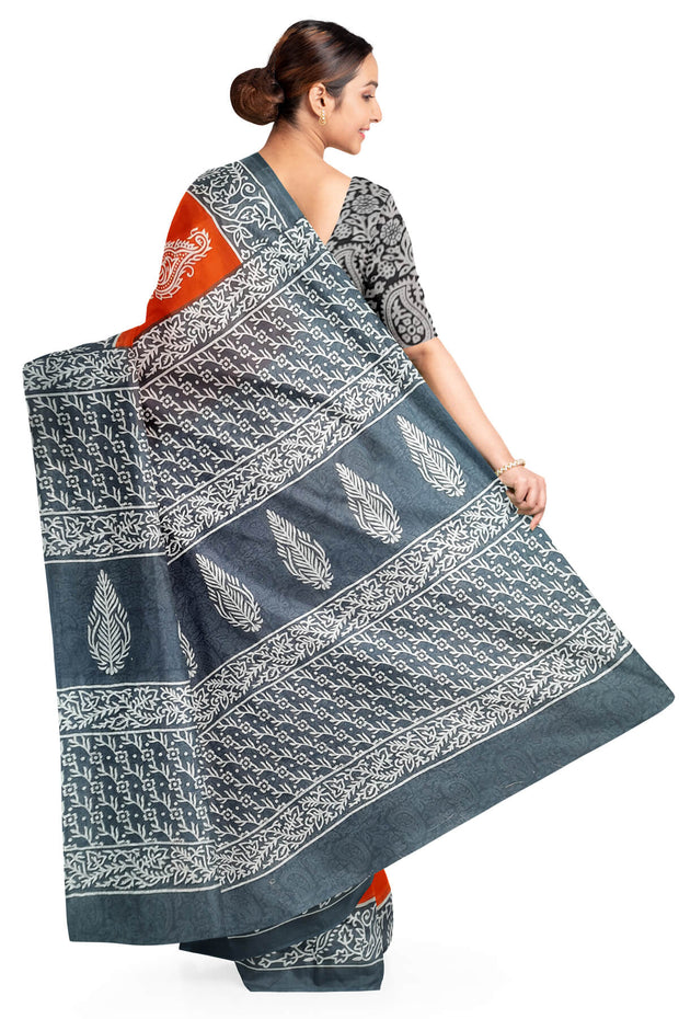 Jaipur cotton saree with Bagru hand block  print in orange & grey