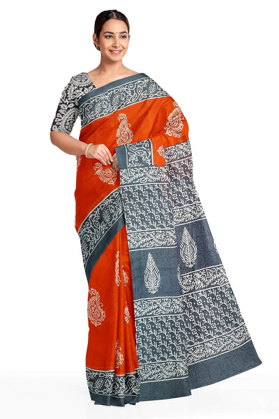 Jaipur cotton saree with Bagru hand block  print in orange & grey