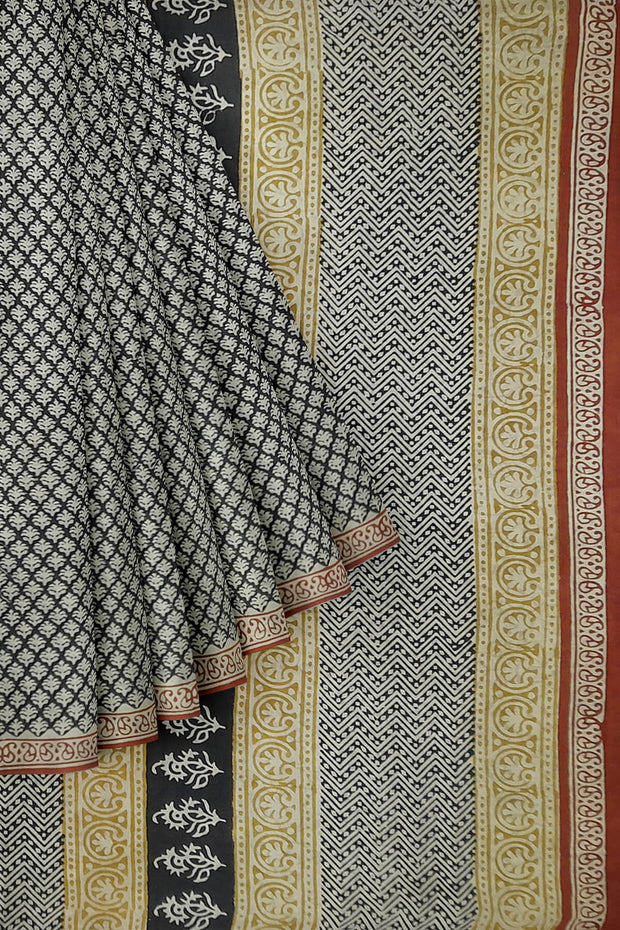 Jaipur cotton saree with Bagru hand block  print in black