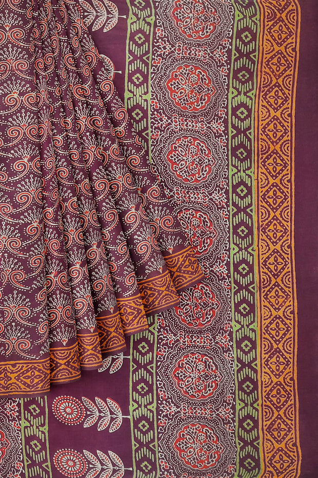 Jaipur cotton saree with Bagru hand block  print in purple & maroon