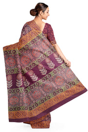 Jaipur cotton saree with Bagru hand block  print in purple & maroon