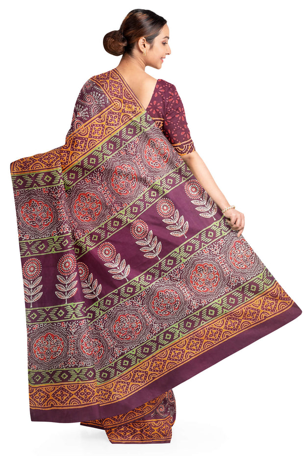 Jaipur cotton saree with Bagru hand block  print in purple & maroon
