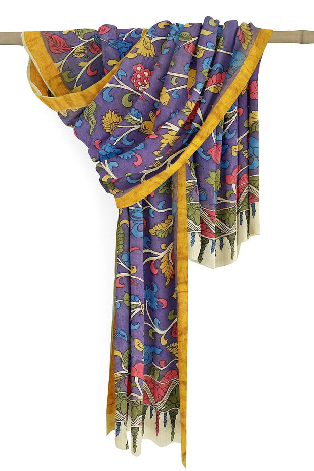 Ponduri khadi cotton dupatta in hand painted kalamkari in purple