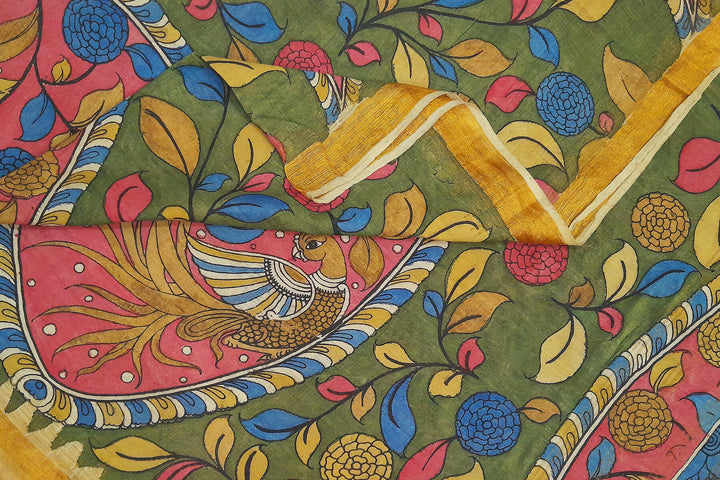 Ponduri  cotton dupatta in hand painted kalamkari in green