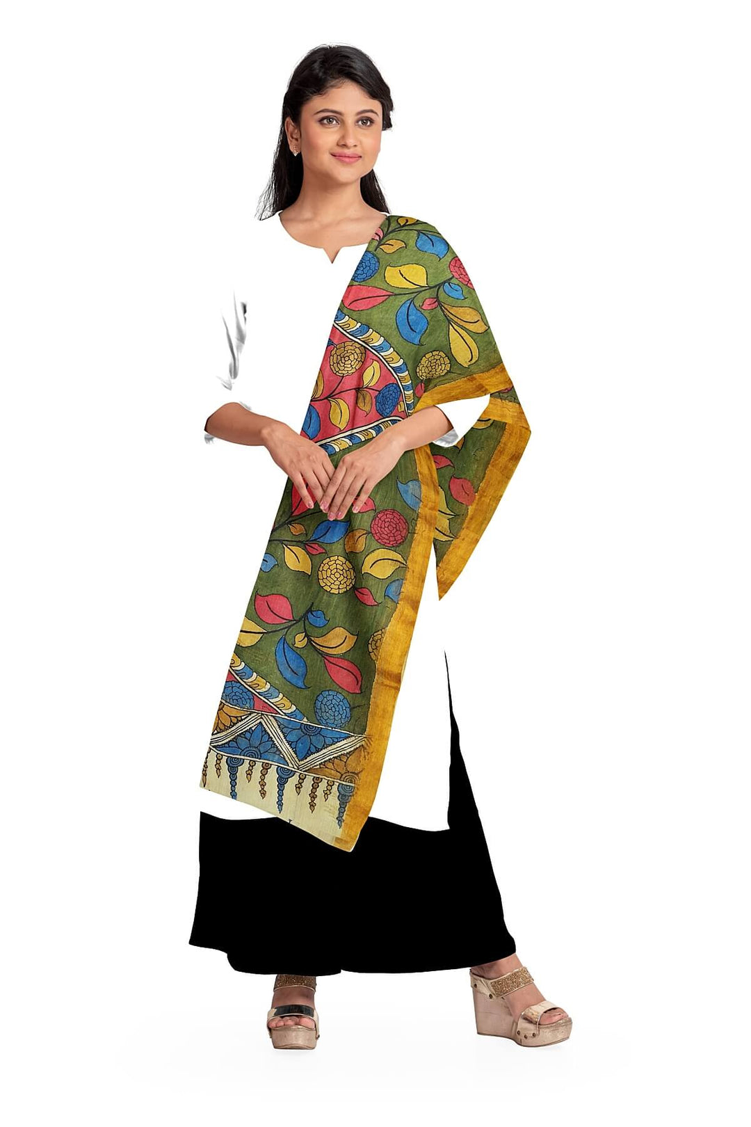 Ponduri  cotton dupatta in hand painted kalamkari in green