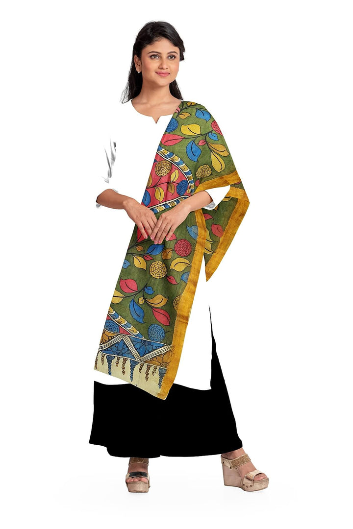 Ponduri  cotton dupatta in hand painted kalamkari in green
