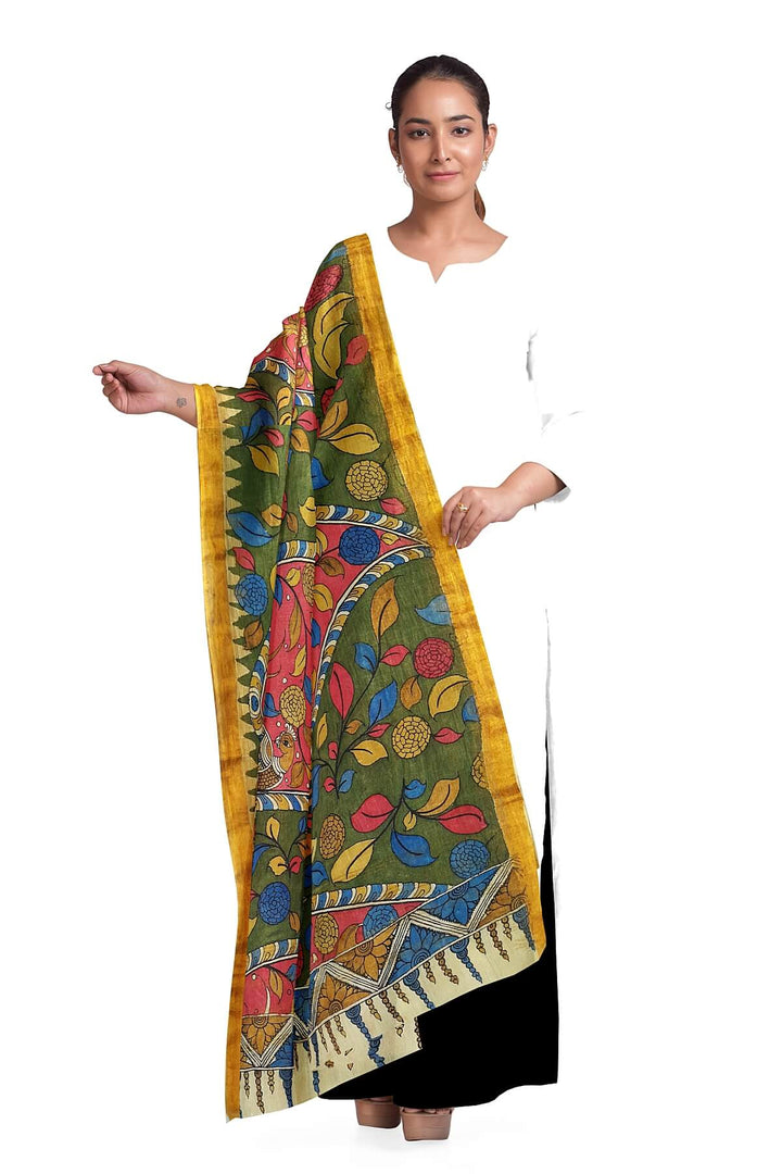 Ponduri  cotton dupatta in hand painted kalamkari in green