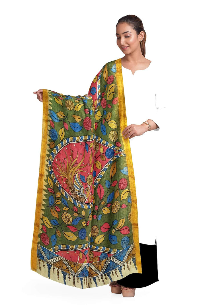 Ponduri  cotton dupatta in hand painted kalamkari in green
