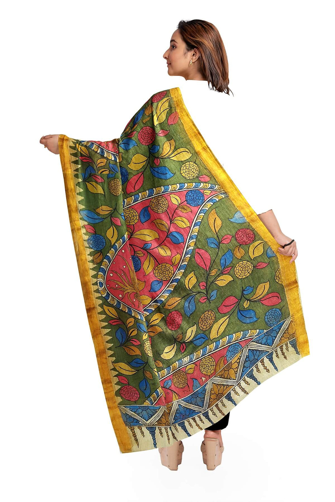 Ponduri  cotton dupatta in hand painted kalamkari in green