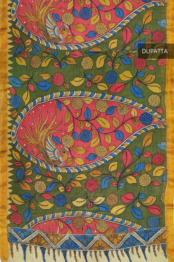 Ponduri  cotton dupatta in hand painted kalamkari in green
