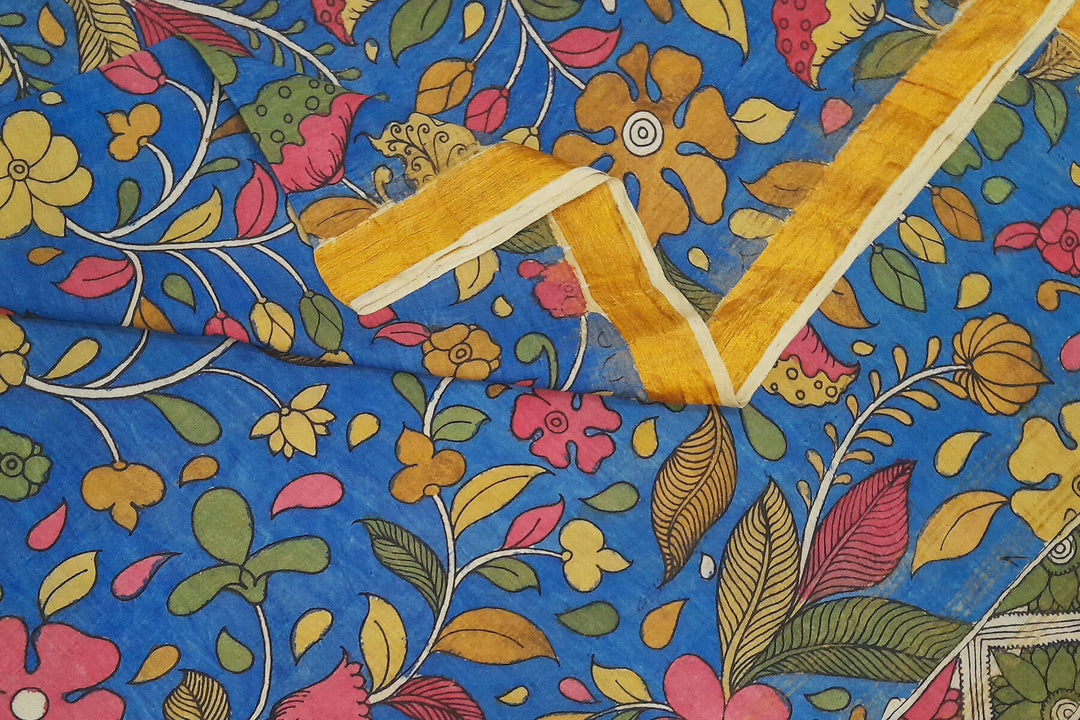 Ponduri  cotton dupatta in hand painted kalamkari in blue