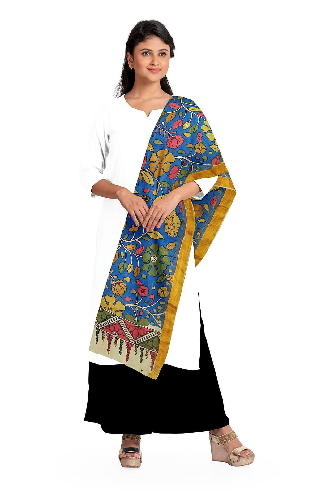 Ponduri  cotton dupatta in hand painted kalamkari in blue
