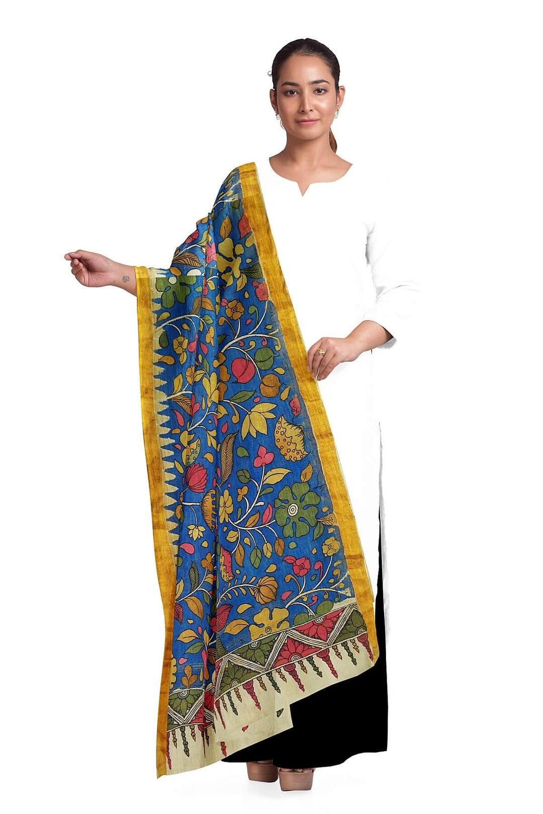 Ponduri  cotton dupatta in hand painted kalamkari in blue