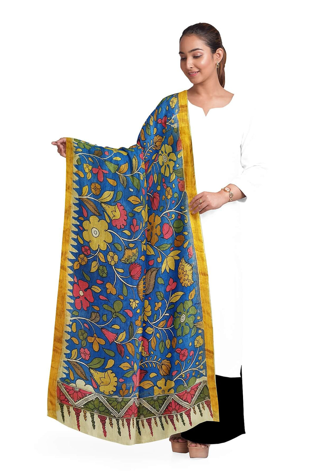 Ponduri  cotton dupatta in hand painted kalamkari in blue