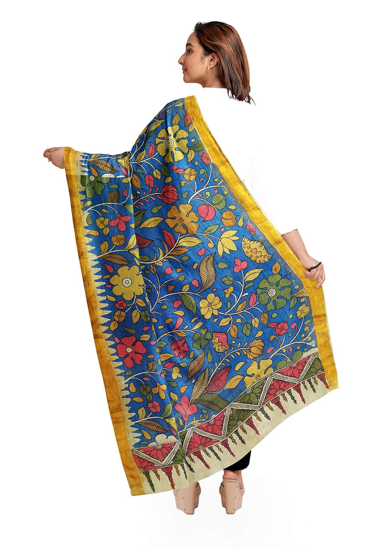 Ponduri  cotton dupatta in hand painted kalamkari in blue