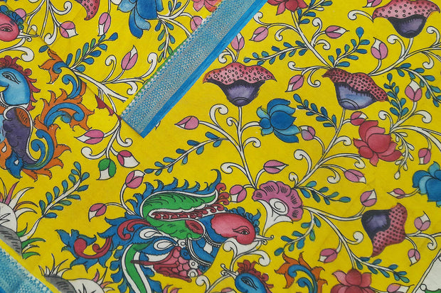 Hand painted Kalamkari pure cotton dupatta in yellow