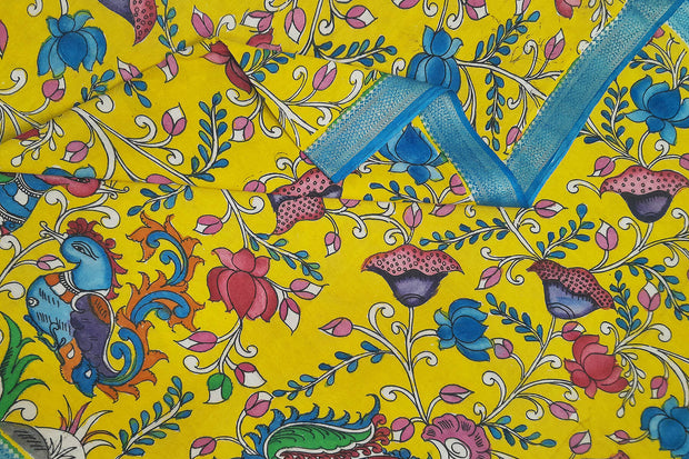 Hand painted Kalamkari pure cotton dupatta in yellow