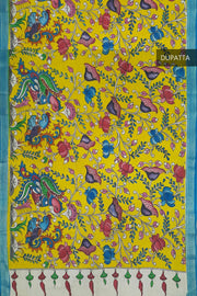 Hand painted Kalamkari pure cotton dupatta in yellow