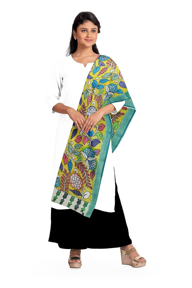 Hand painted Kalamkari pure cotton dupatta in lemon grass green with floral vines