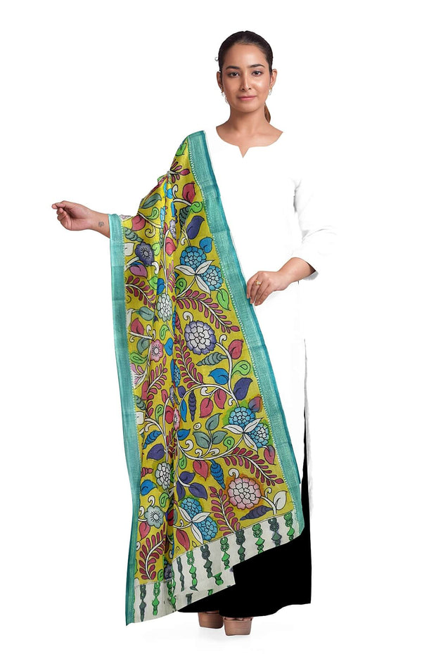 Hand painted Kalamkari pure cotton dupatta in lemon grass green with floral vines