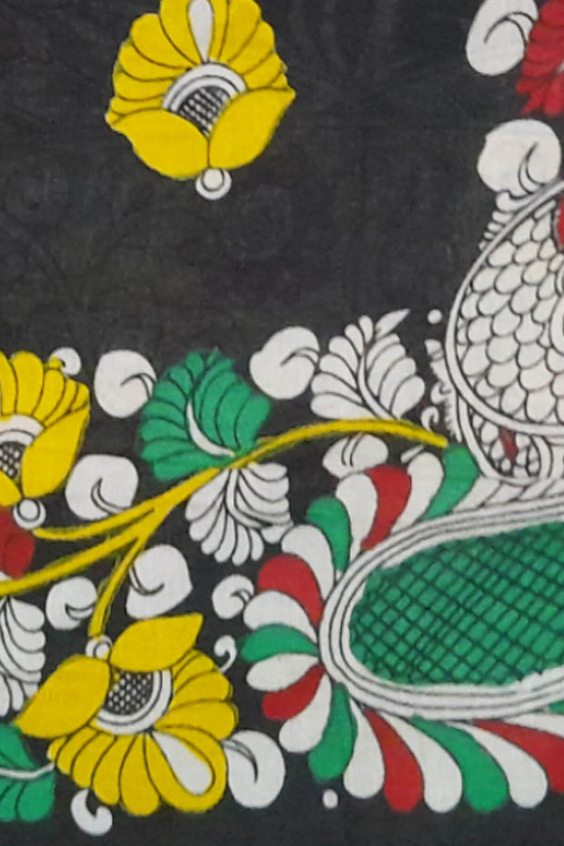 Hand drawn hand painted pen kalamkari silk cotton saree in green