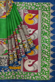 Hand drawn hand painted pen kalamkari silk cotton saree in green
