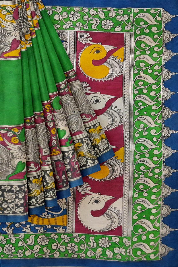 Hand drawn hand painted pen kalamkari silk cotton saree in green