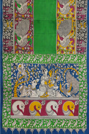 Hand drawn hand painted pen kalamkari silk cotton saree in green