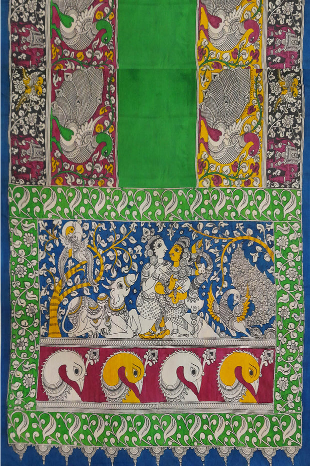 Hand drawn hand painted pen kalamkari silk cotton saree in green