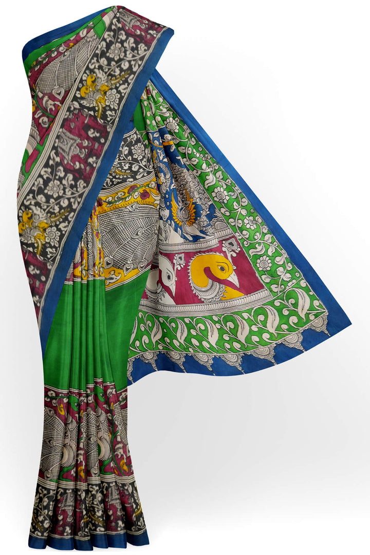 Hand drawn hand painted pen kalamkari silk cotton saree in green