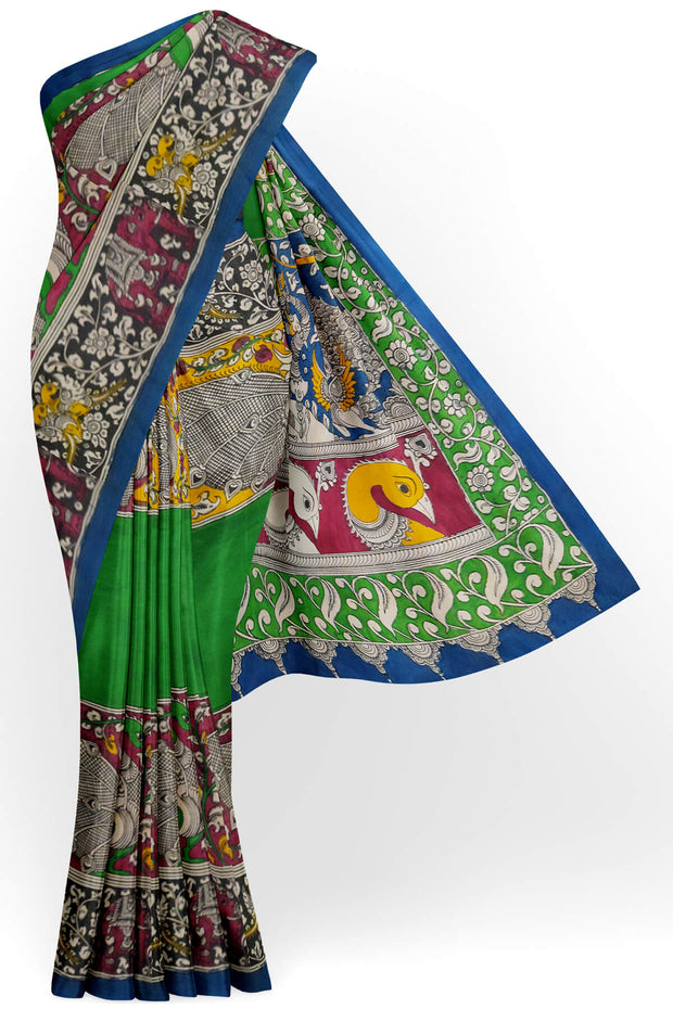 Hand drawn hand painted pen kalamkari silk cotton saree in green