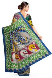Hand drawn hand painted pen kalamkari silk cotton saree in green