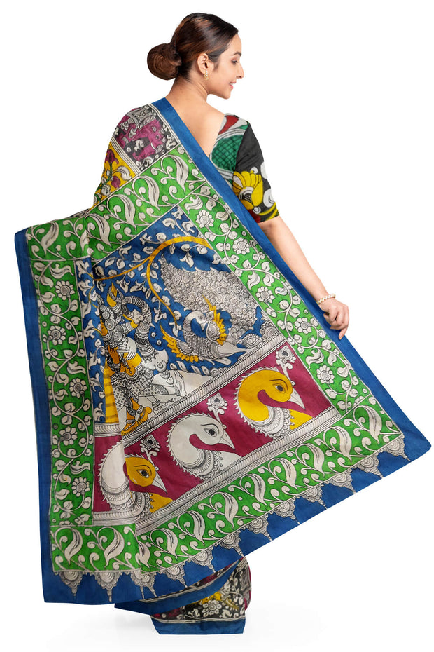 Hand drawn hand painted pen kalamkari silk cotton saree in green