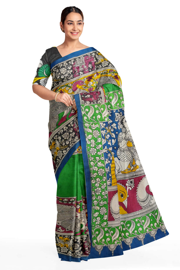 Hand drawn hand painted pen kalamkari silk cotton saree in green