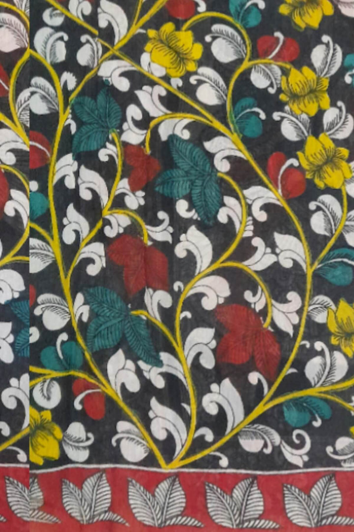 Hand drawn hand painted pen kalamkari silk cotton saree with peacock motif in pallu