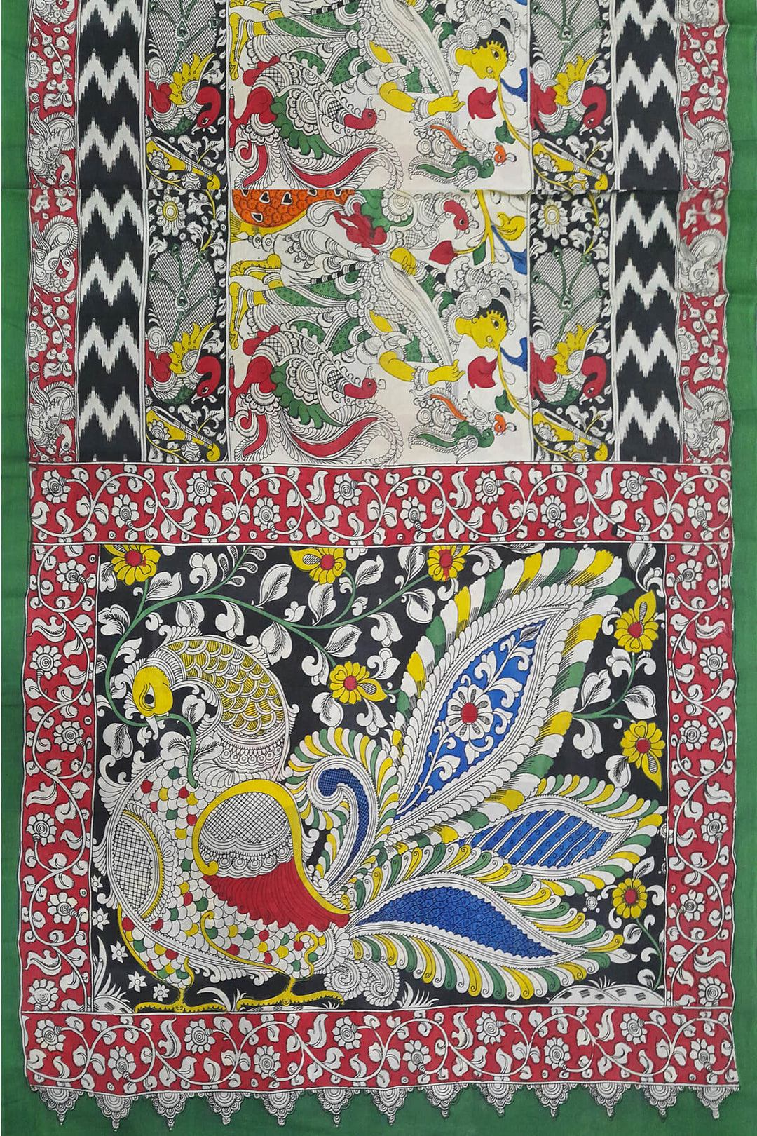 Hand drawn hand painted pen kalamkari silk cotton saree with peacock motif in pallu